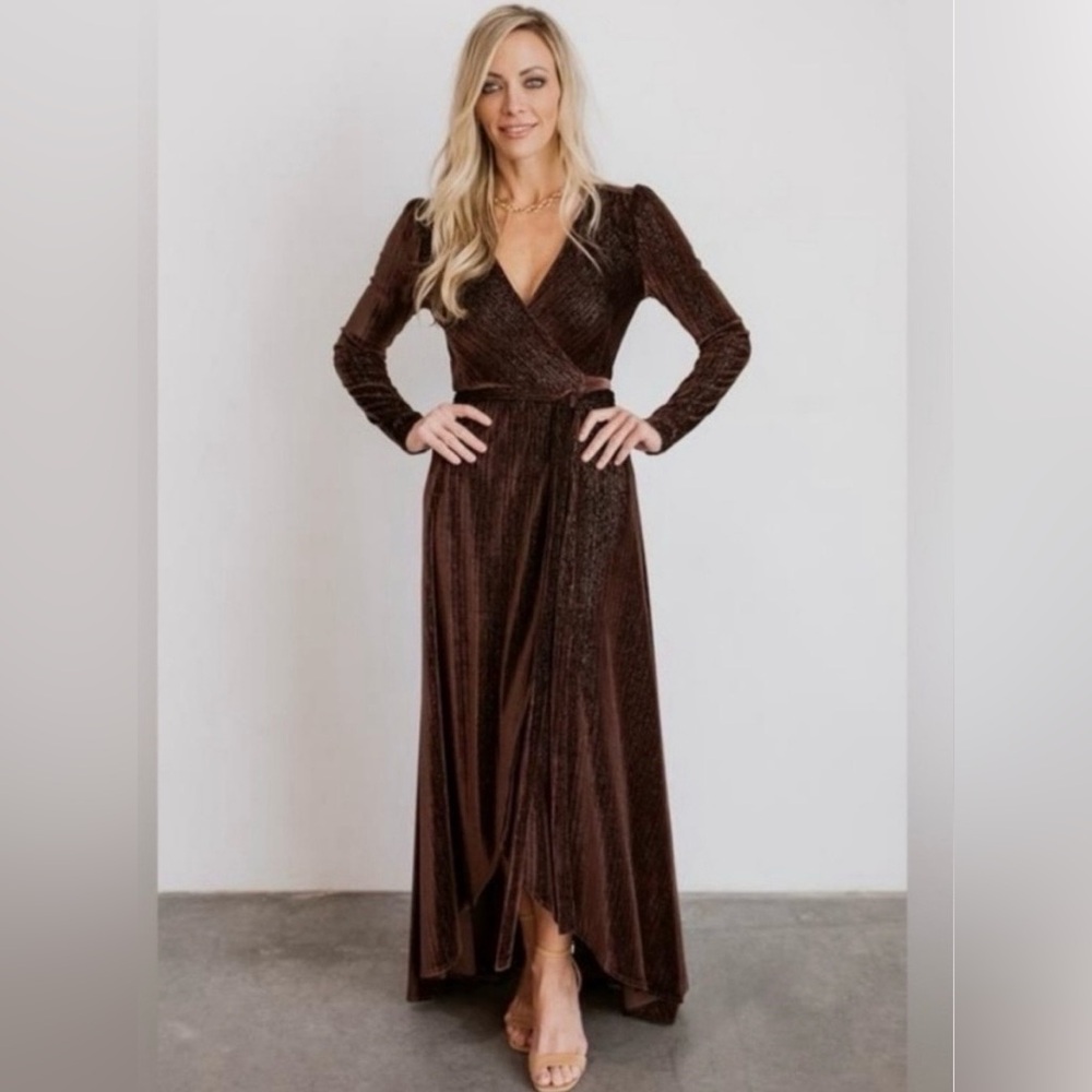Baltic born medium dress Serena shimmer velvet wrap maxi dress bridesmaid brown